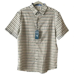 NATURAL BLUE Striped Shirt sz L Brown Blue & White LINEN/COTTON Short Sleeve NWT